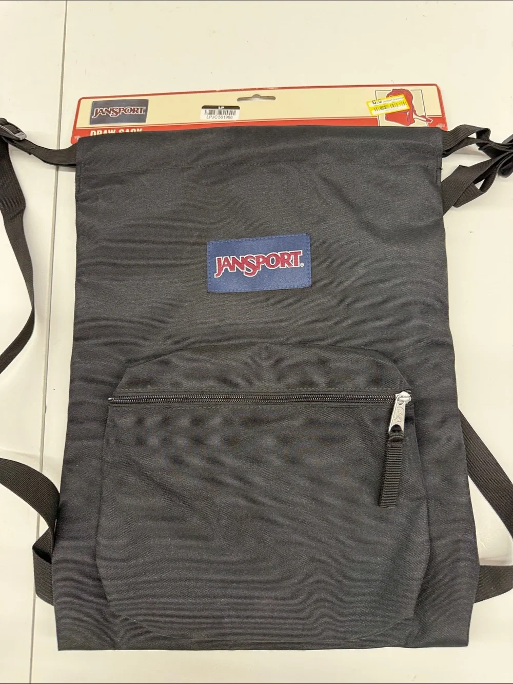 NEW Jansport Black Drawstring Bag with Front Zip Pocket Draw Sack